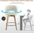 Zesthouse Swivel Bar Stools Set of 2, Wood Counter Height Chairs with Backs | 26" Wooden Bar Stools with Distressed Solid Wood Leg, Upholstered Linen Fabric Barstools, Vintage Kitchen Island Chair, Beige