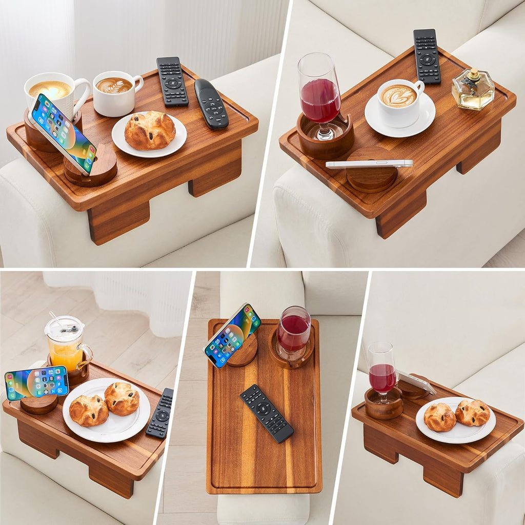 GEHE Real Acacia Wood Couch Armrest Table, 15.4"x9.8" Couch Arm Tray Table, 3 in 1 Removable Sofa Cup Holder wtih 360° Rotated Phone Holder, Clip on Armrest Tray for Drinks, Snacks, Phone, Control
