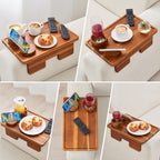 GEHE Real Acacia Wood Couch Armrest Table, 15.4"x9.8" Couch Arm Tray Table, 3 in 1 Removable Sofa Cup Holder wtih 360° Rotated Phone Holder, Clip on Armrest Tray for Drinks, Snacks, Phone, Control