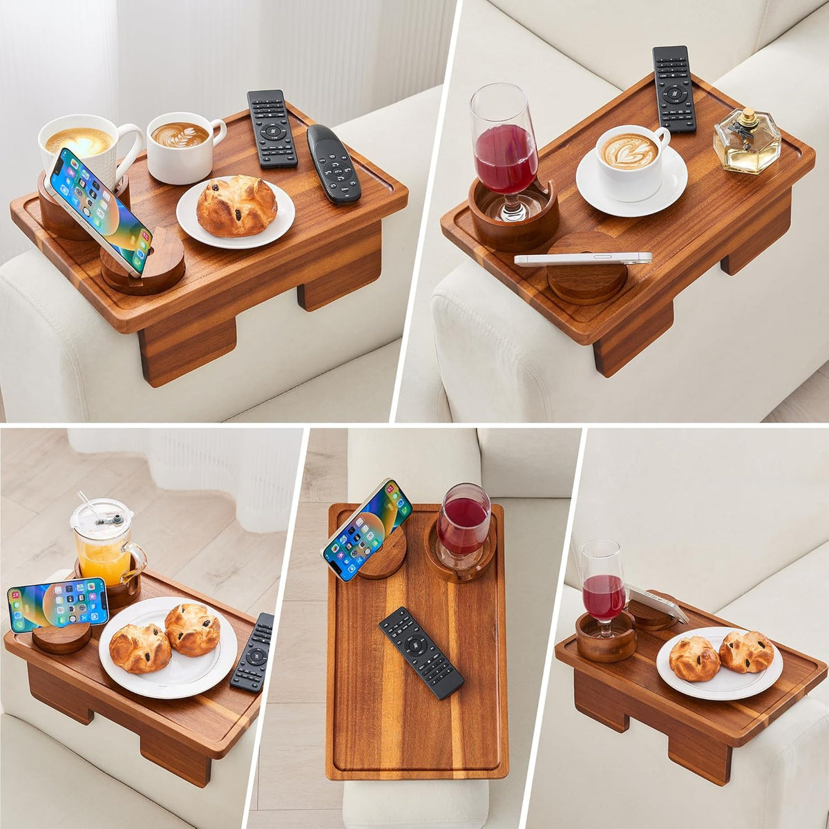 GEHE Real Acacia Wood Couch Armrest Table, 15.4"x9.8" Couch Arm Tray Table, 3 in 1 Removable Sofa Cup Holder wtih 360° Rotated Phone Holder, Clip on Armrest Tray for Drinks, Snacks, Phone, Control