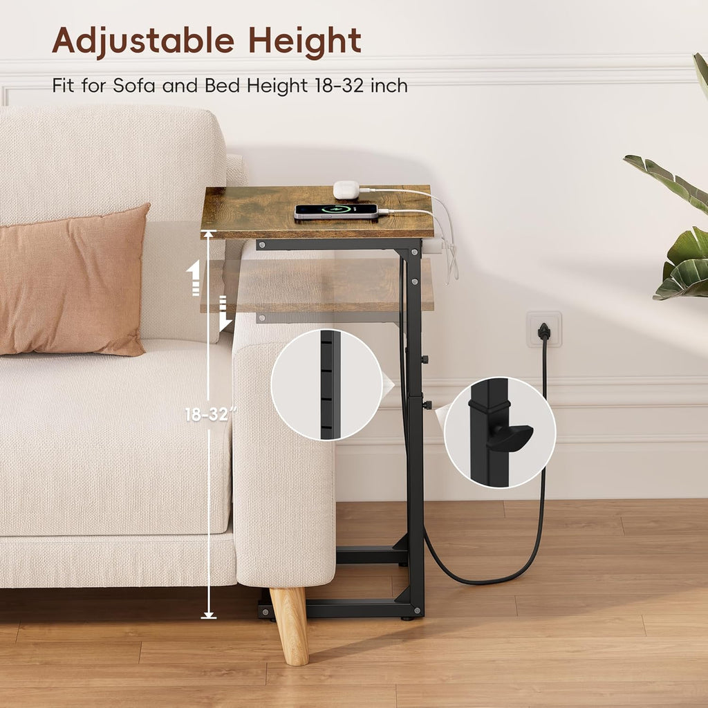 Vagusicc C Shaped End Table with Charging Station, 33"Tall Side Table for Couch, C-Table End Table Adjustable Height Side Table,Slide Under Couch Table TV Tray Table for Sofa,Living Room,Bedroom,Brown