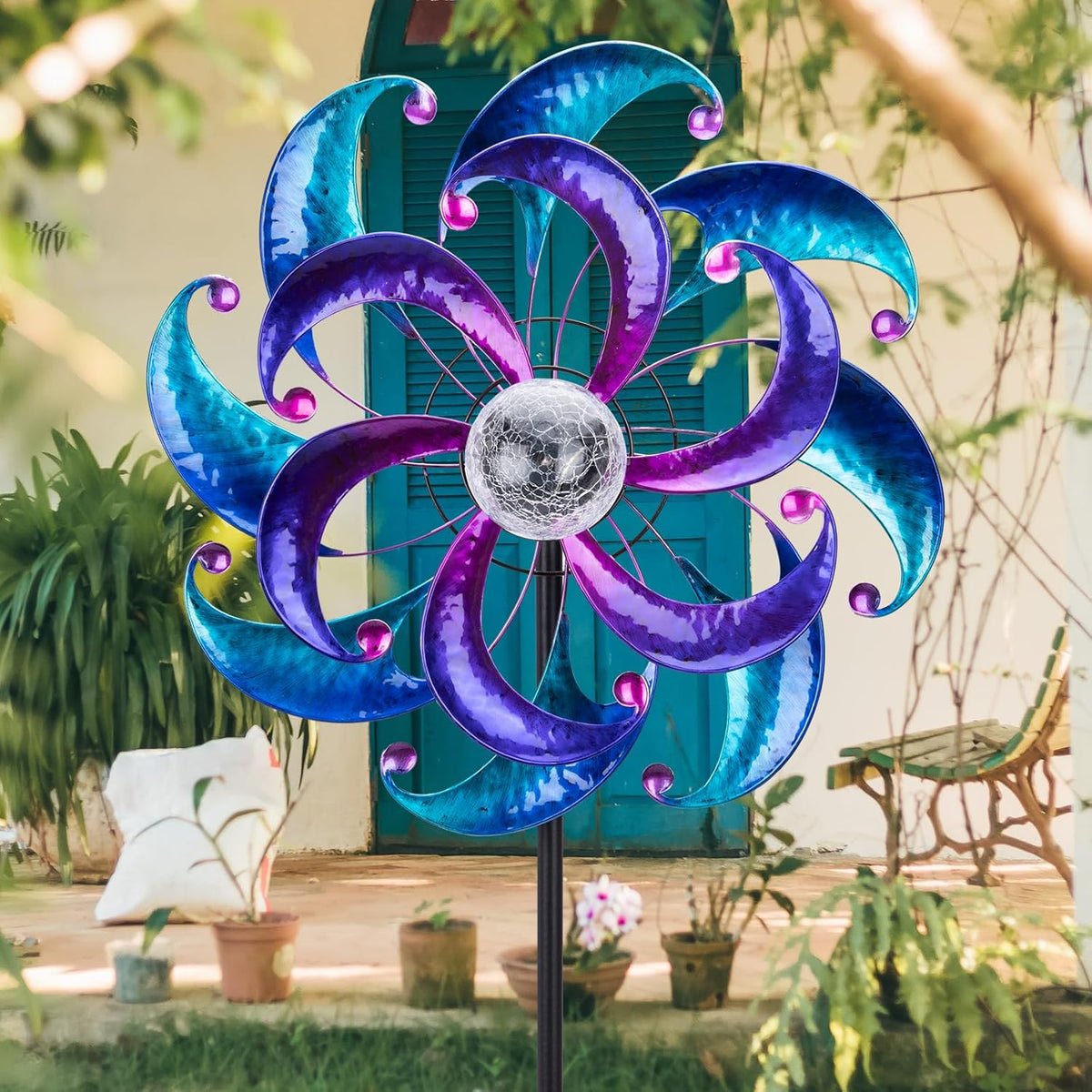 WONDER GARDEN Wind Spinners for Yard and Garden-Solar Wind Spinners - 61 Inch Blue Wind Sculptures & Spinners with LED Changing Light Glass Ball for Garden Patio Outdoor Decor