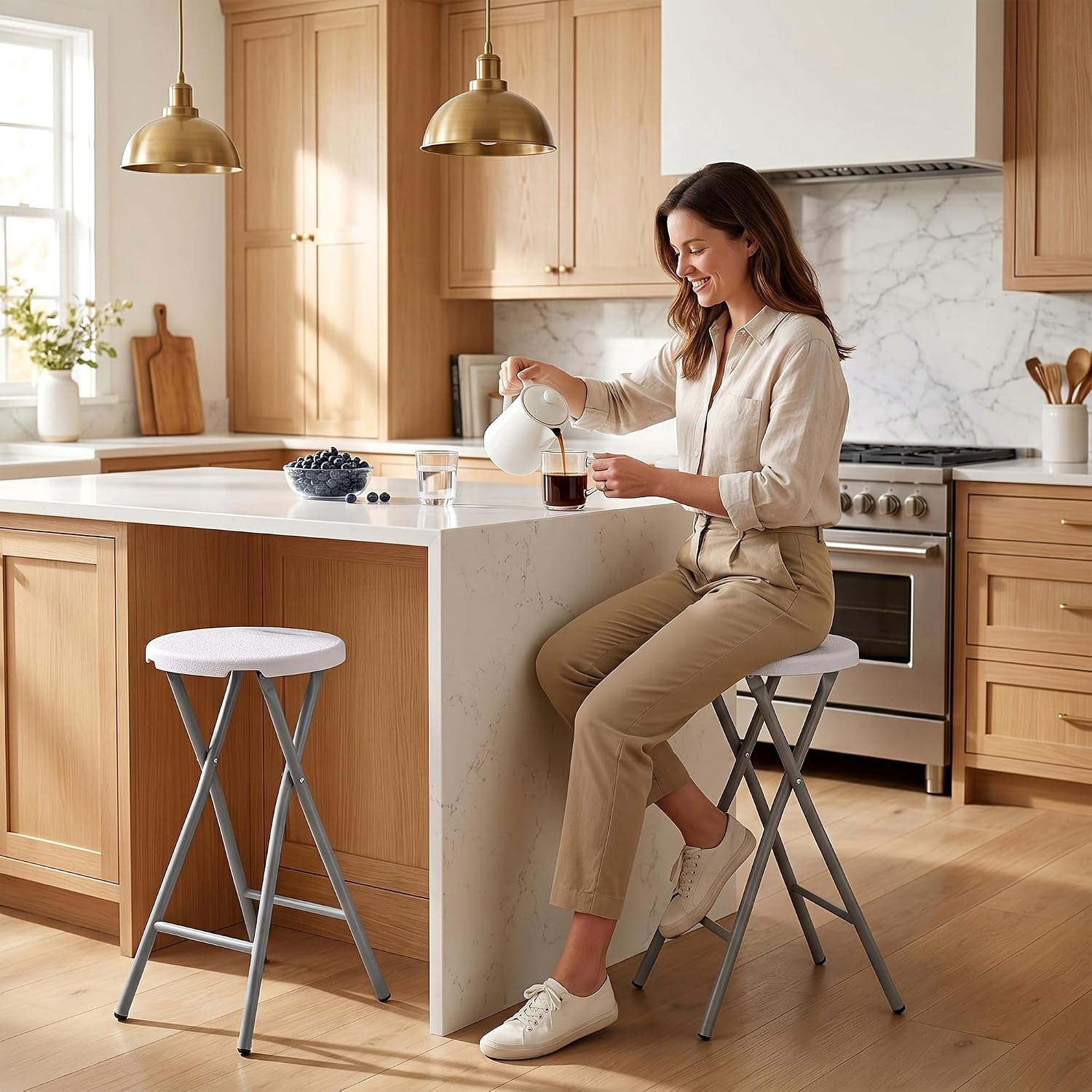Garvee Folding Stool with Handle 24 Inch Tall Folding Bar Stool with Safety Lock, Metal and Plastic Foldable Stool 400lbs Capacity for Outdoor Indoor Kitchen Home Bar, Assembly Free, 1 Pack, White