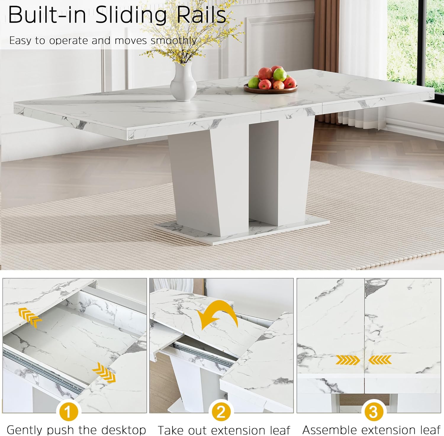78.74" Extendable Dining Table for 6 8 10 Person, Modern White Faux Marble Expandable Kitchen Table with Dual Column Pedestal, Large Rectangle Wooden Expanding Table for Kitchen Dining Conference Room