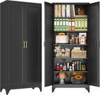 75" Metal Pantry Cabinet,Kitchen Storage Cabinet with Shelves | Louvered Metal Storage Cabinet,Adjustable Shelves,Gold Handles,Leveling Feet,Anti-tipping,for Garage/Kitchen Black