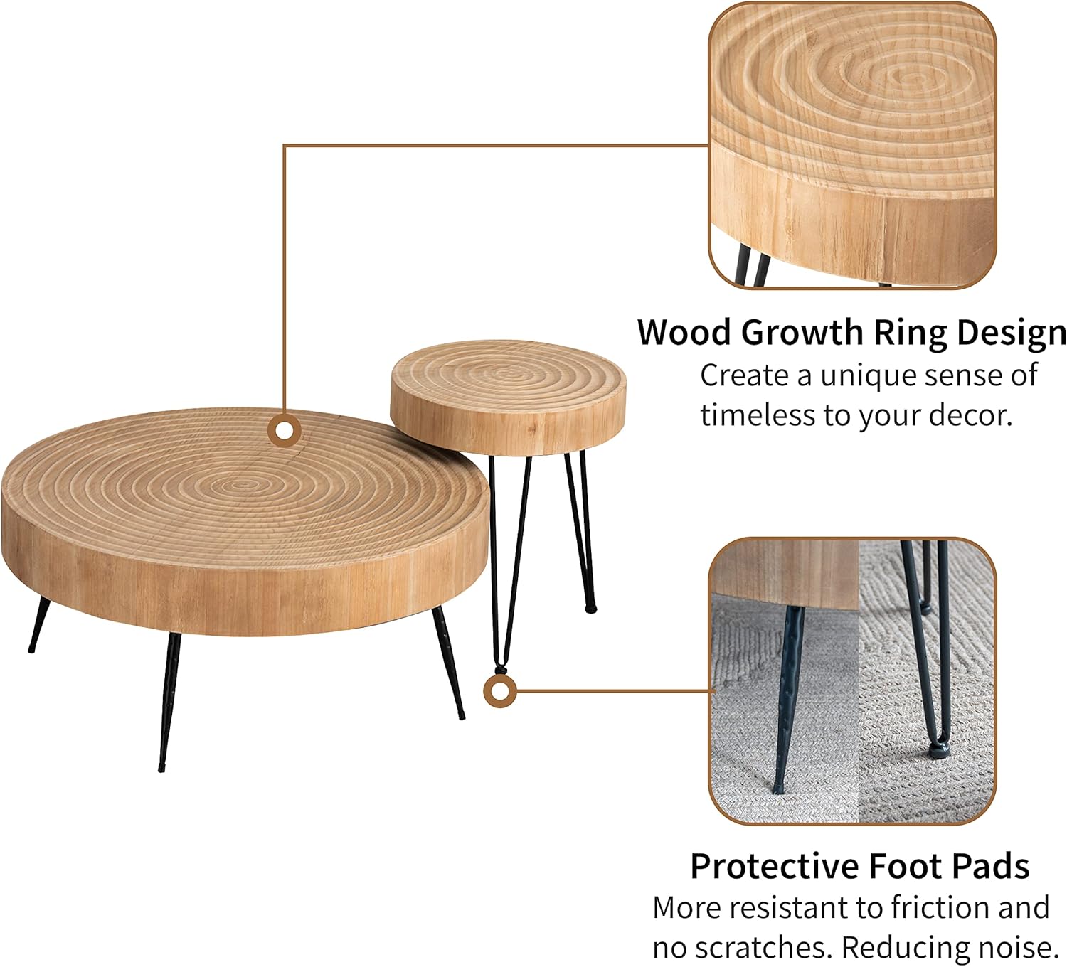 2-Piece Boho Farmhouse Nesting Table with Handcrafted Wood Ring Motif, Round Natural Finish Coffee Table Set for Living Room, French Country Decor, Round