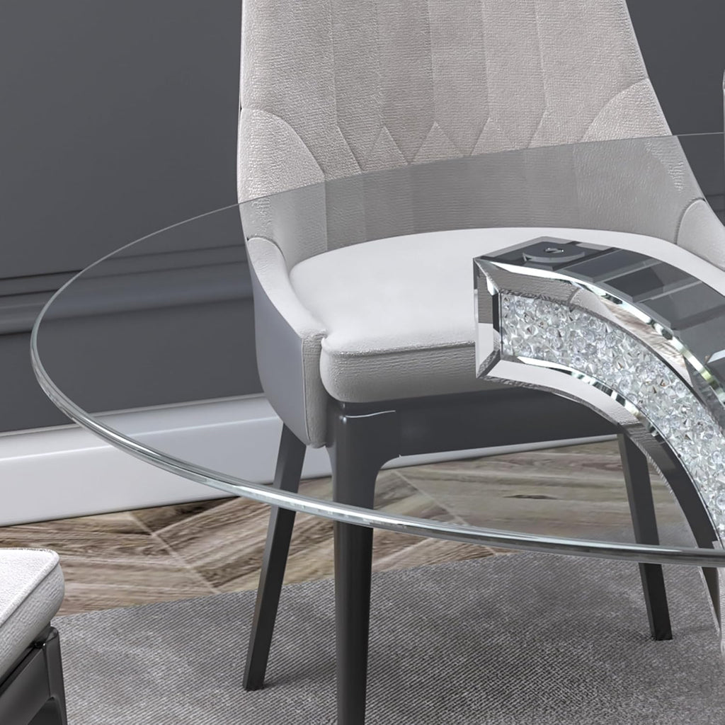 52" Round Glass Pedestal Dining Table with Tempered Glass Top, Mirrored Base with Crushed Diamonds, Modern Centerpiece