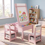 5-in-1 Kids Art Table and Chairs Set, Convertible Toddler Table and Chair Set with Art Easel, Paper Roll Holder, Storage Drawers and Craft Play Desk, Wooden Activity Learning Table for Kids, Pink