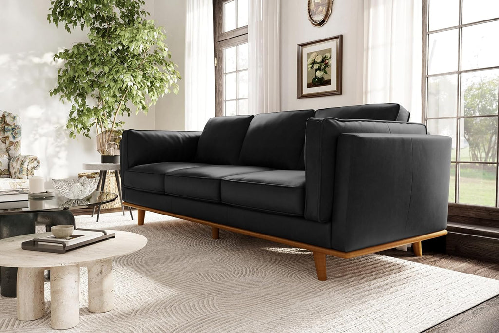 Valencia Artisan Full Leather Sofa 88” | Pure Full Italian Nappa Leather Couch, Solid Wood Accent, Ultimate Comfort, Black
