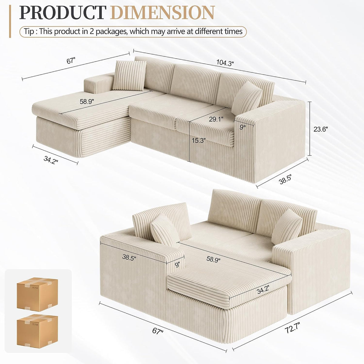 Vongrasig 105" Couches for Living Room, Sectional Couches Modular Sofa with L-Shaped Chaise, Memory Foam Comfy Cloud Couch with Plush Corduroy Fabric, No Assembly Required, (Beige)