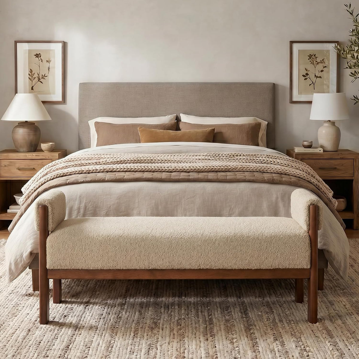 VKNOW 51.8”End of Bed Bench Upholstered Bedroom Bench with Arms, Brown | Solid Rubberwood Legs, Soft Fabric, Thickened seat cushion, Bedroom Living Room Entryway Dressing Areas, Easy to Assemble