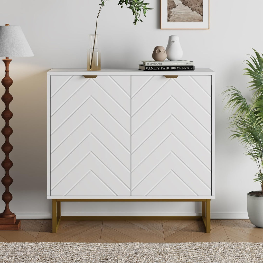 Garvee 31.5 in Modern Sideboard Buffet Cabinet with Storage, Wood Accent Storage Cabinet with Herringbone Doors & Shelf, Credenza Console Table for Dining Room Living Room Entryway, White