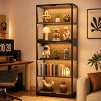 Display Cabinet with Glass Doors, 5-Tier 65" Glass Display Cabinet with LED 3-Color Lights & Human Body Sensor, Curio Cabinet with Textured Wood Shelves for Collectibles, Black Wood Frame