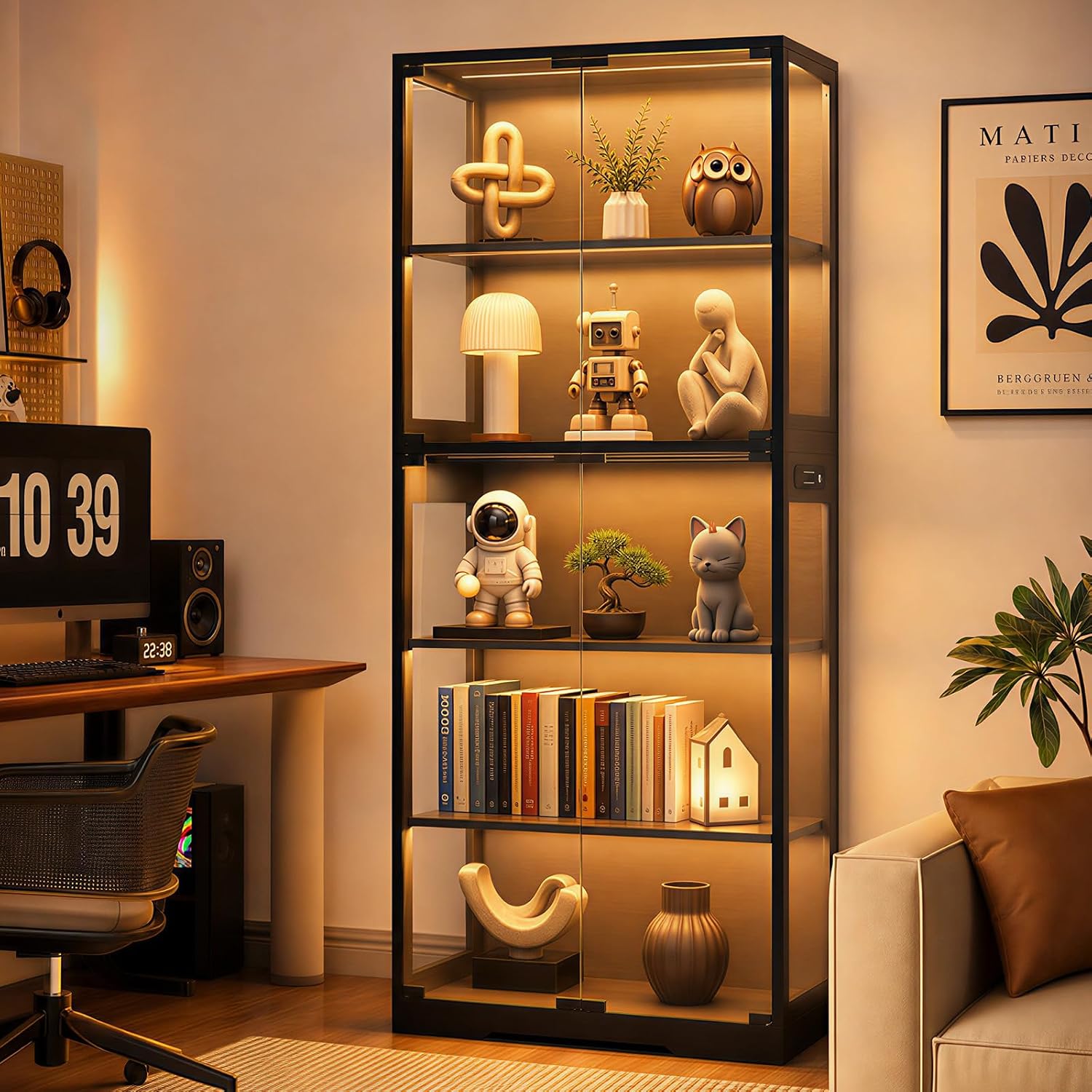 Display Cabinet with Glass Doors, 5-Tier 65" Glass Display Cabinet with LED 3-Color Lights & Human Body Sensor, Curio Cabinet with Textured Wood Shelves for Collectibles, Black Wood Frame