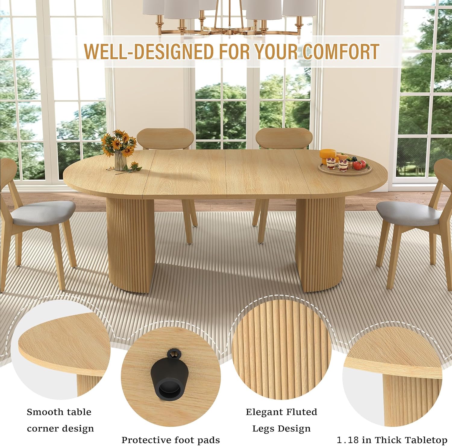 Extendable Dining Table 41–78 Inch, Round to Oval Expandable Kitchen Table for 4–8 People, Fluted Base Modern Farmhouse Design for Dining Room or Living Room, Natural Wood Finish