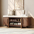 Maupvit Entryway Shoe Storage Bench with Sliding Doors, 2-Tier Upholstered Shoe Rack Bench with Hidden Storage, Wooden Shoe Organizer with Padded Cushion for Hallway, Mudroom, Bedroom, Walnut Finish