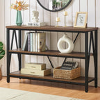 Entryway Console Table, 3 Tier Entry Table with Open Shelves, Brown, 47 IN | Rustic Sofa Table with Wide Storage, Horizontal Book Shelf, Industrial 3 Tier Bookshelf for Living Room, Hallway