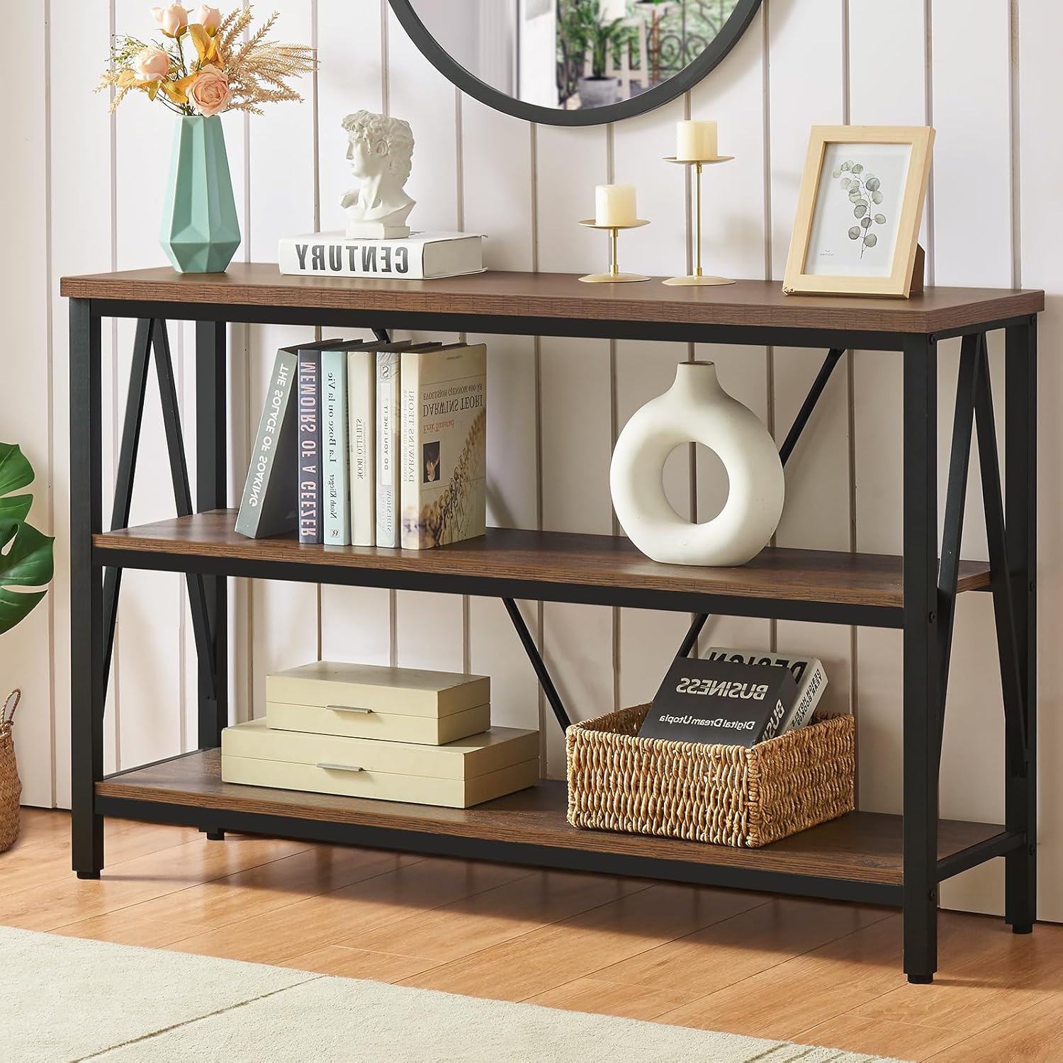Entryway Console Table, 3 Tier Entry Table with Open Shelves, Brown, 47 IN | Rustic Sofa Table with Wide Storage, Horizontal Book Shelf, Industrial 3 Tier Bookshelf for Living Room, Hallway
