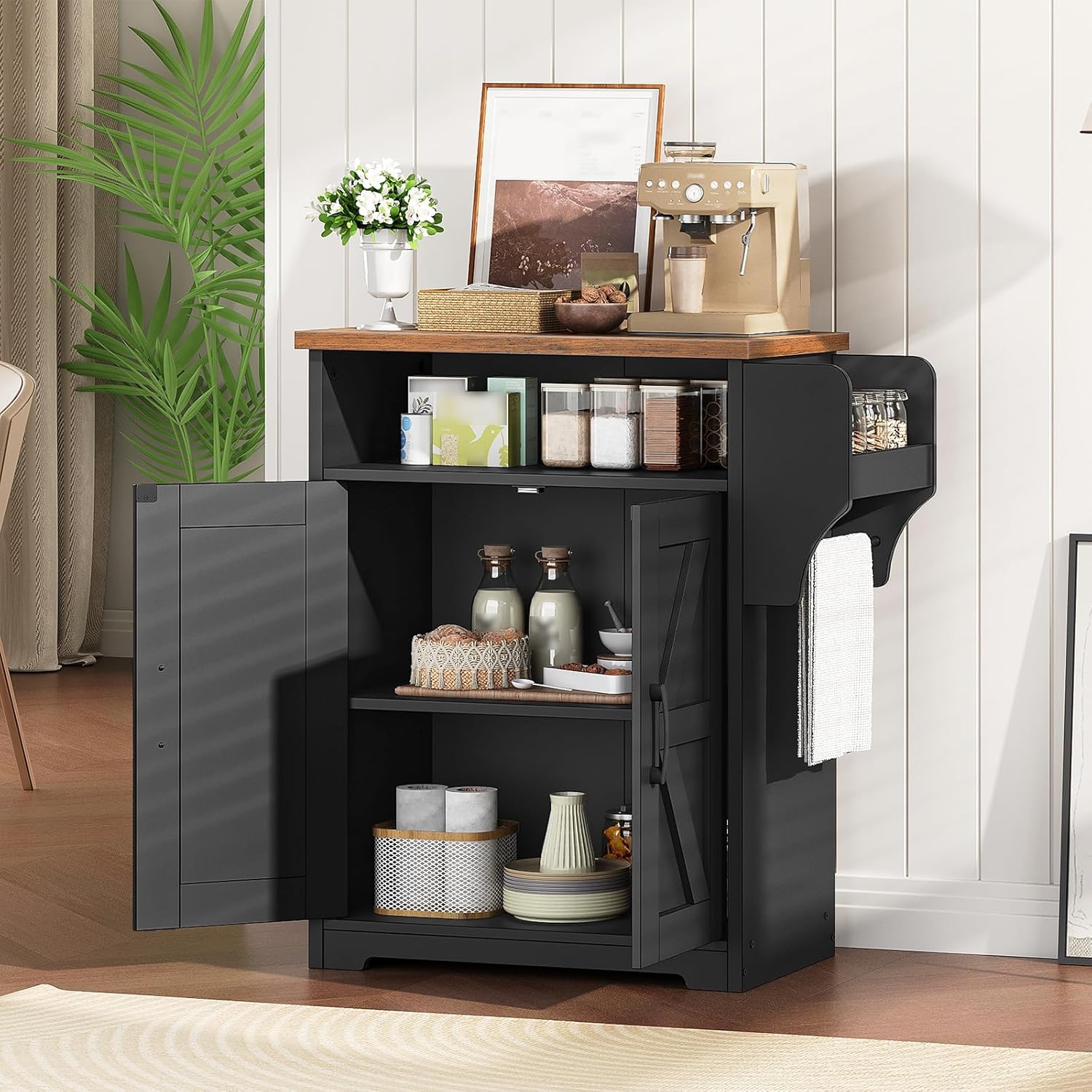 YATINEY Coffee Bar Cabinet, Kitchen Island with Storage, Farmhouse Sideboard Buffet Cabinet with Dual-Purpose Floating Shelf and Hooks, for Restaurant, Living Room, Rustic Brown KF22BR