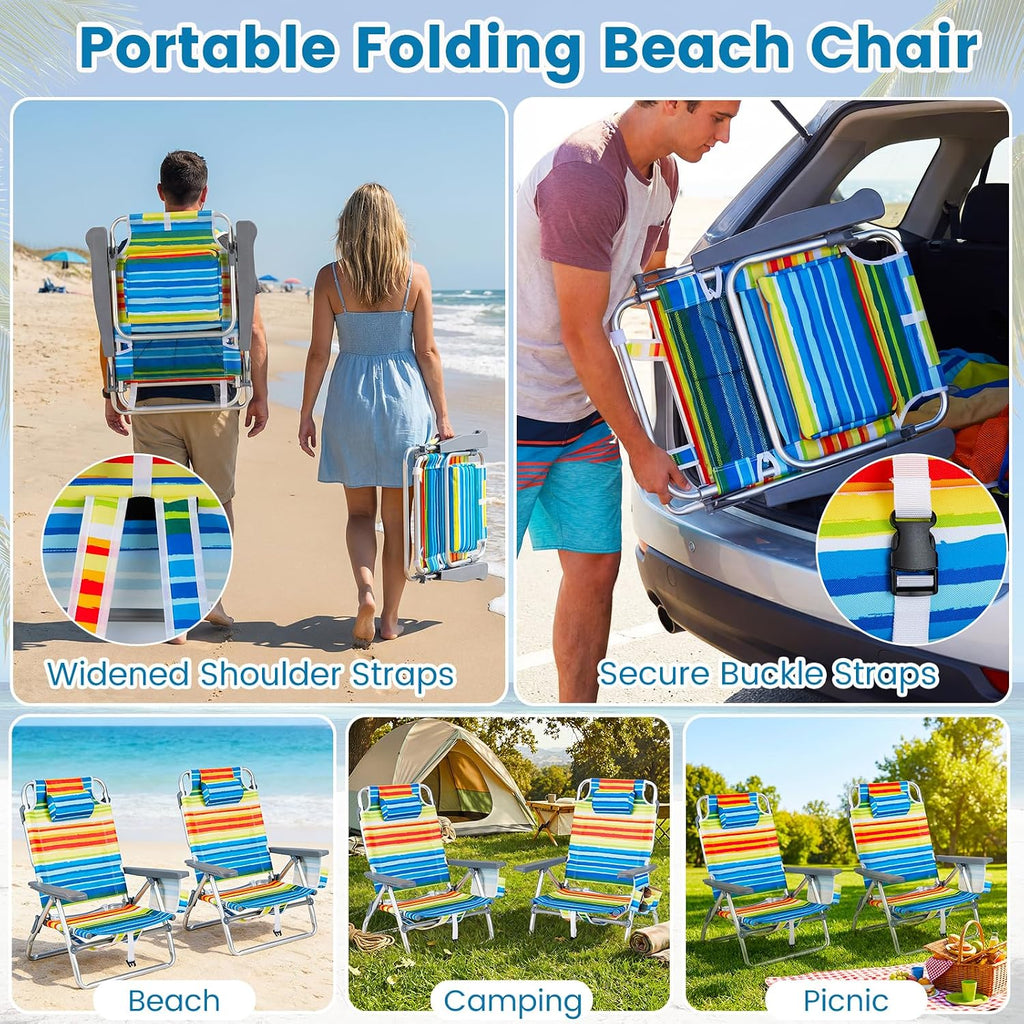 Goplus Beach Chair, Folding Backpack Beach Chairs for Adults w/Adjustable Positions, Head Pillow, Cooler Bag, Towel Bar, Cup Holders, Sunbath Sling Tanning Lounge, Folding Layout Camping Chairs