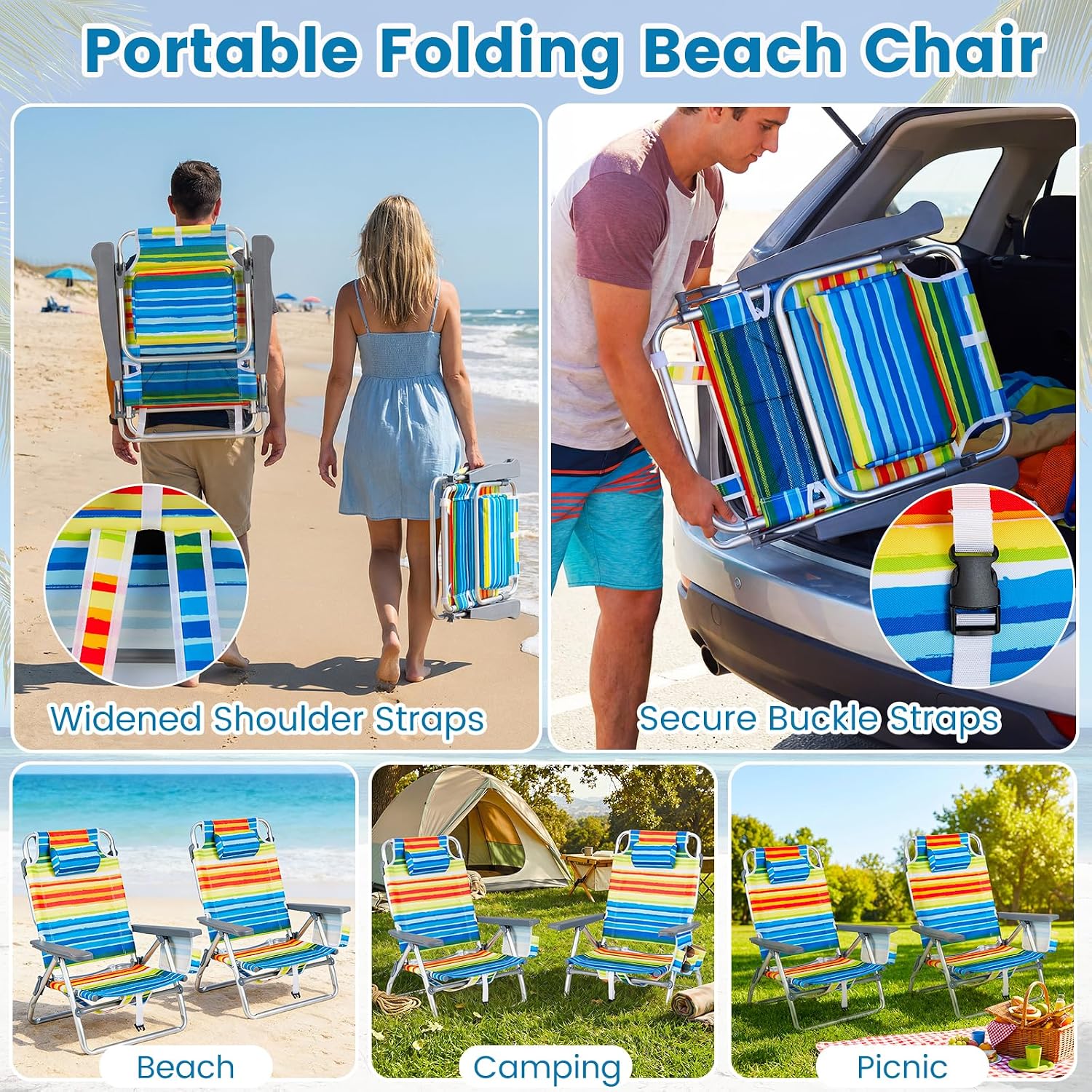 Goplus Beach Chair, Folding Backpack Beach Chairs for Adults w/Adjustable Positions, Head Pillow, Cooler Bag, Towel Bar, Cup Holders, Sunbath Sling Tanning Lounge, Folding Layout Camping Chairs
