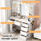 VINGLI Vanity Desk with Mirror and Lights, Makeup Vanity Table w/ 6 Storage Drawers & Shelevs, 58in White Dressing Table Built in Hollywood Bulbs & Charging Station & Hairdryer Holder, Gifts for Girls