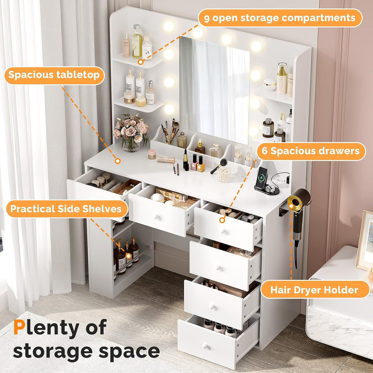VINGLI Vanity Desk with Mirror and Lights, Makeup Vanity Table w/ 6 Storage Drawers & Shelevs, 58in White Dressing Table Built in Hollywood Bulbs & Charging Station & Hairdryer Holder, Gifts for Girls