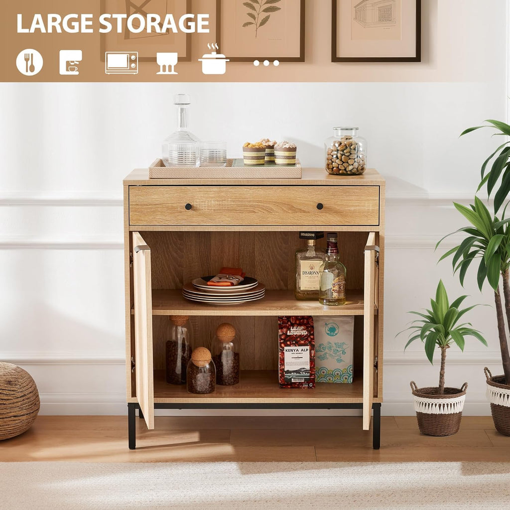 31 inch Sideboard Buffet Cabinet with Drawer, Modern Fluted Credenza with 2 Doors & Adjustable Shelf, Small Coffee Bar Storage for Kitchen, Entryway