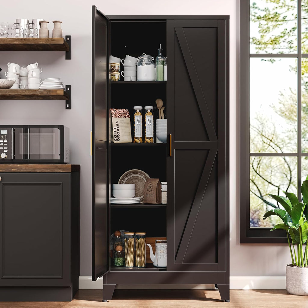 61"H Black Pantry Kitchen Cabinet with Doors,Black Storage Cabinets,Freestanding Pantry Cabinet,Farmhouse Food Storage Cabinets,Tall and Large Pantry Cabinets for Kitchen, Dining Room, Living Room