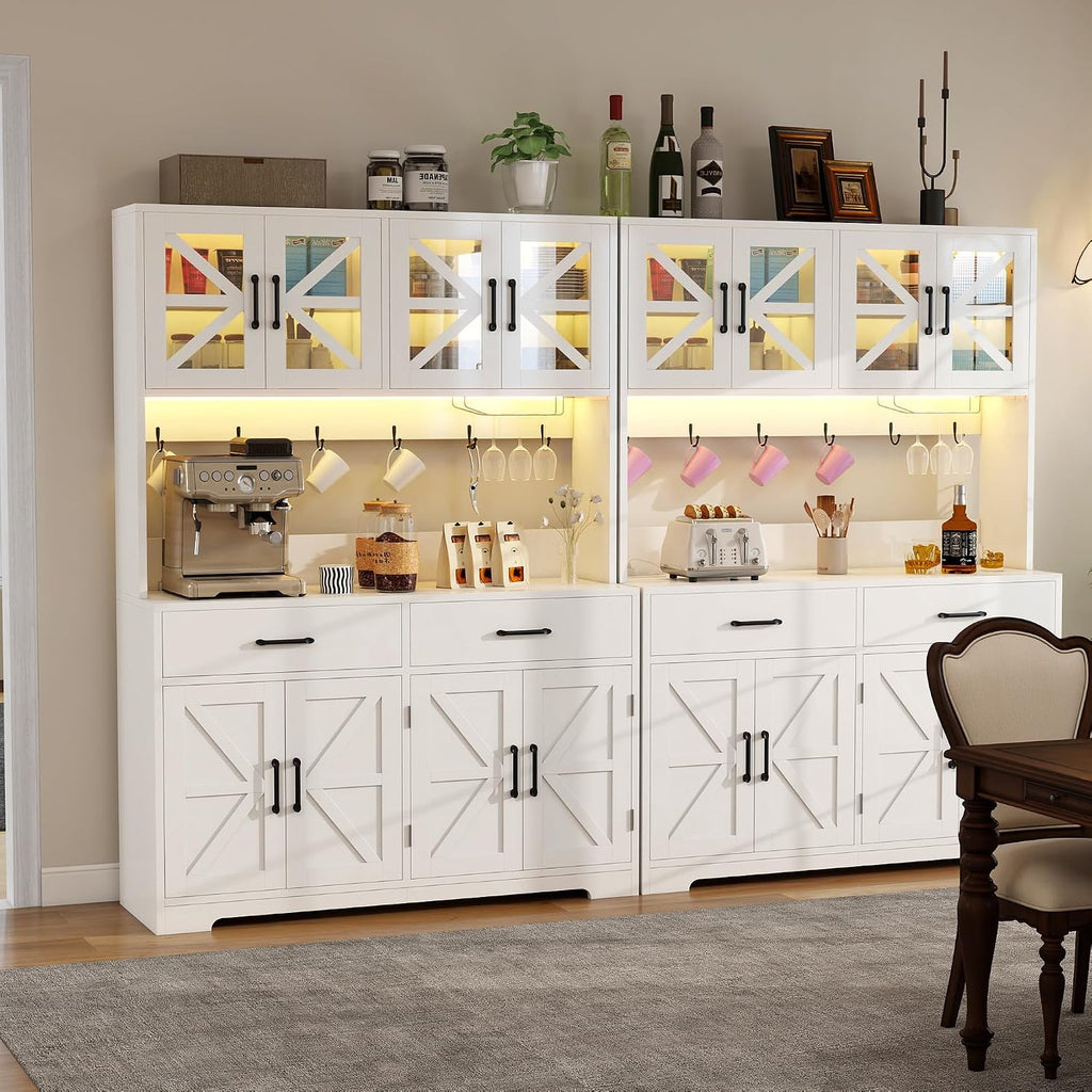 MUUEGM 71''Tall Kitchen Hutch with LED Lights & Power Outlet, Wood Food Kitchen Pantry Cabinet with Adjustable Shelves & 4 Cabinets & Microwave Stand & 2 Drawers for Dining Room,Living Room, White