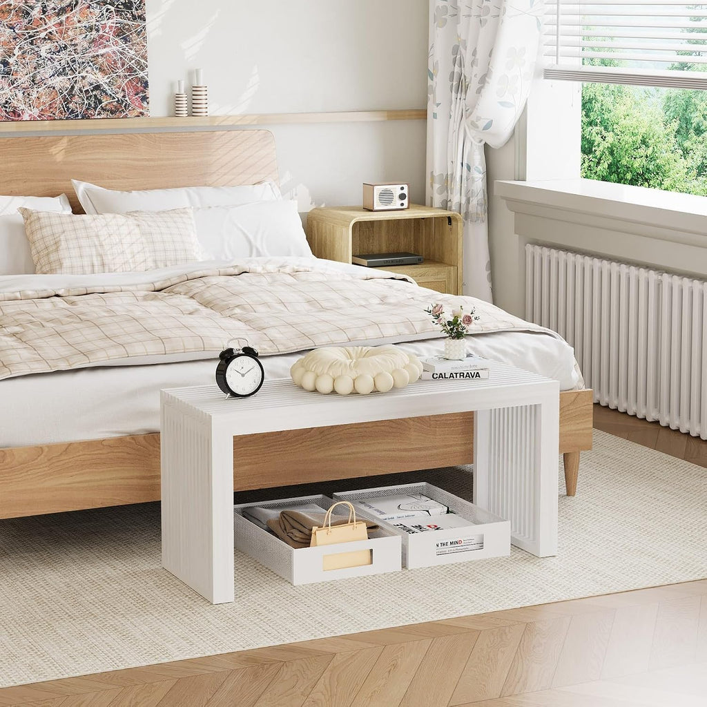 Wisuce Bamboo Dining Bench, 35 inch Entryway Indoor Kitchen Bench, White | Natural Bamboo, 450LBS Weight Capacity, Grille Farmhouse Style, Ideal for entryways, bedrooms, outdoor settings
