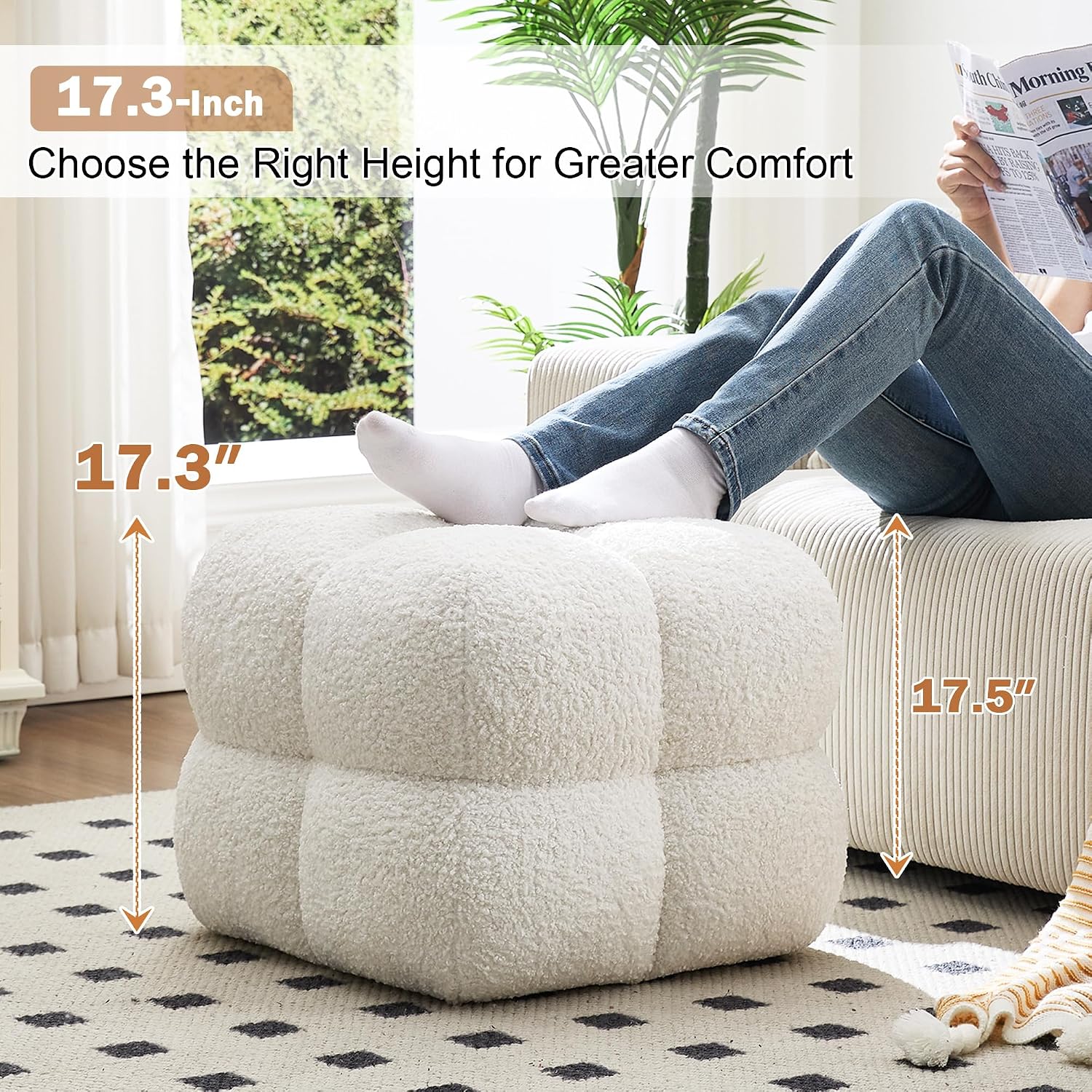 Zesthouse Square Pouf Ottomans Set of 2, Modern Backless Vanity Stool for Bedroom, White Fuzzy Foot Rest for Couch, Upholstered Tufted Footstool, Sherpa Fabric Ottoman Coffee Table for Living Room