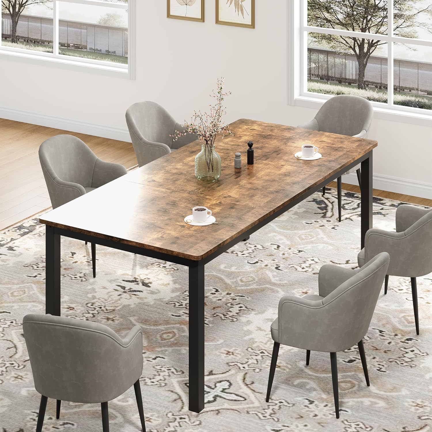 79 Inch Industrial Dining Table, Large Rectangle Kitchen Table with Metal Legs, Round Corners, Wooden Conference Tables Writing Desk for Dining Room, Living Room, Retro Brown