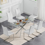 Henf 7 Piece Glass Dining Table Set for 6, 61" Modern Silver Kitchen Table and Chairs for 6, Rectangle Dining Room Table Set with 6 White Faux Leather Chairs for Small Space,Home, Apartment