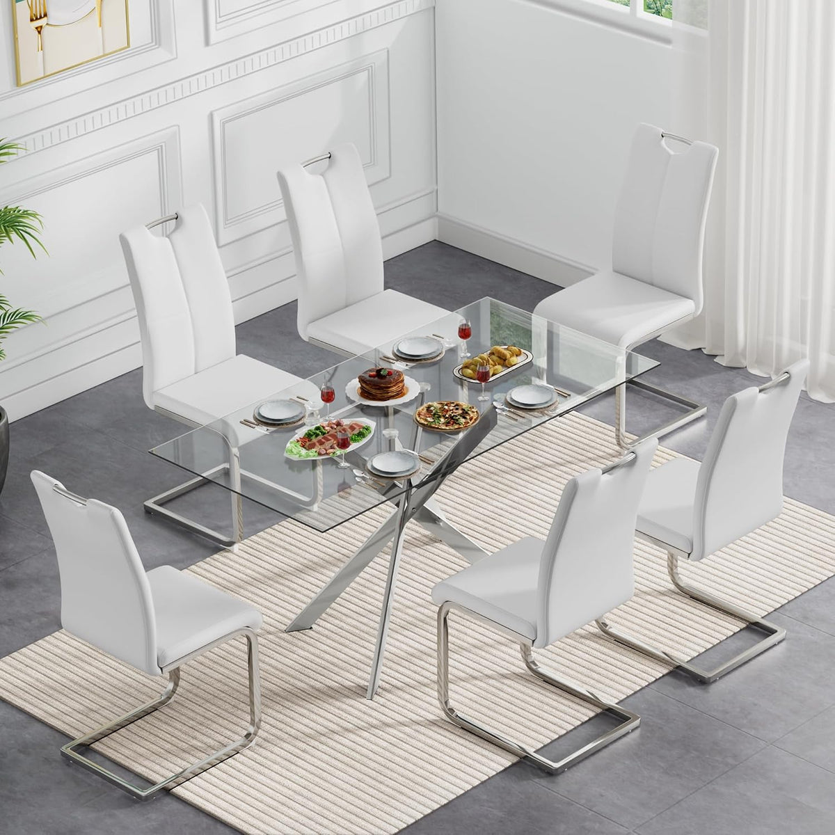 Henf 7 Piece Glass Dining Table Set for 6, 61" Modern Silver Kitchen Table and Chairs for 6, Rectangle Dining Room Table Set with 6 White Faux Leather Chairs for Small Space,Home, Apartment