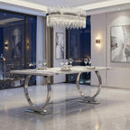 BQueen 78 inch White and Silver Dining Table for 4-8, Luxury Modern White Large Kitchen Table with Chrome Stainless Steel U-Base for Dining Room Kitchen Apartment