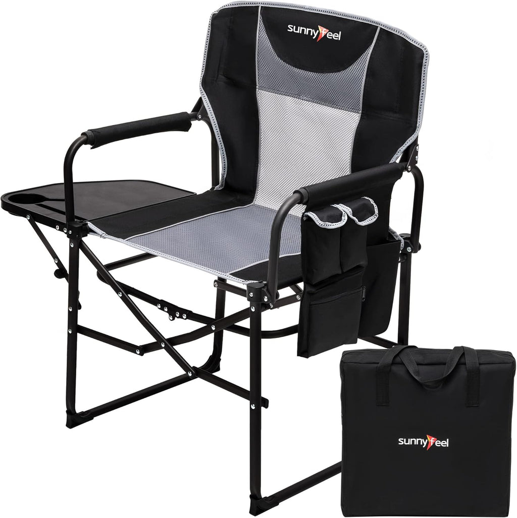 SUNNYFEEL Oversized Camping Chair Portable Directors Chairs with Side Table | Heavy Duty Folding Lawn Chair for Adults 300LBS with Compact Size, Breathable Mesh, Pocket & Carry Bag for Outdoor, Lawn, RV