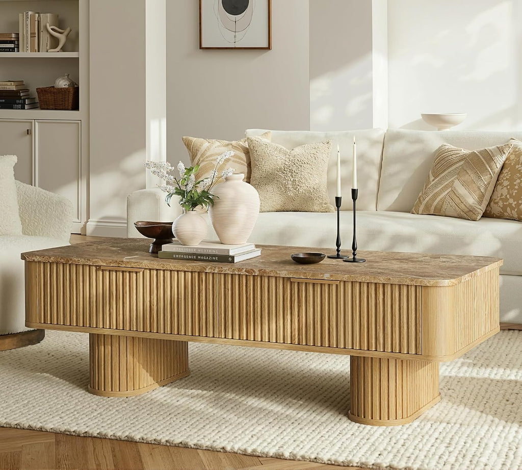 win2win Rectangle Coffee Table with Storage, Faux Marble Top, Boho,Oak