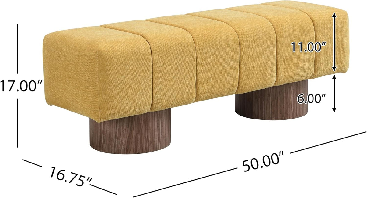 Merax 50" Upholstered Chenille Dining Bench Entryway End of Bed Ottoman Bench for Living Room Bedroom Dining Room, Wood Leg, Bear 300 LBS, No-Assembly (Yellow)
