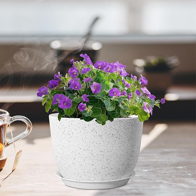 Plant Pots 12 inch, Plastic Planters with Drainage Holes and Saucers, Large Flower Pots for Indoor Outdoor Plants, Modern Decorative Pots for Garden House Plants, Speckled White