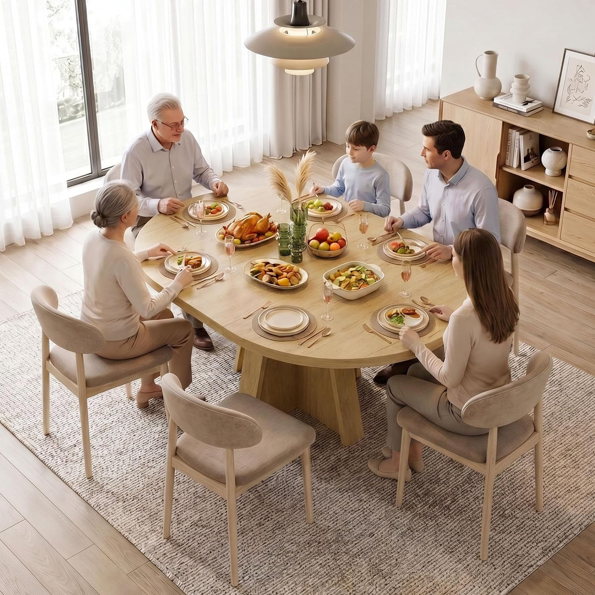iPormis 43.3in-59in Extendable Round Dining Table for 4-6, Modern Wooden Kitchen Table for Dining Room, Adjustable Size Oval Circle Dinner Tables Furniture for Kitchen Living Room, Natural