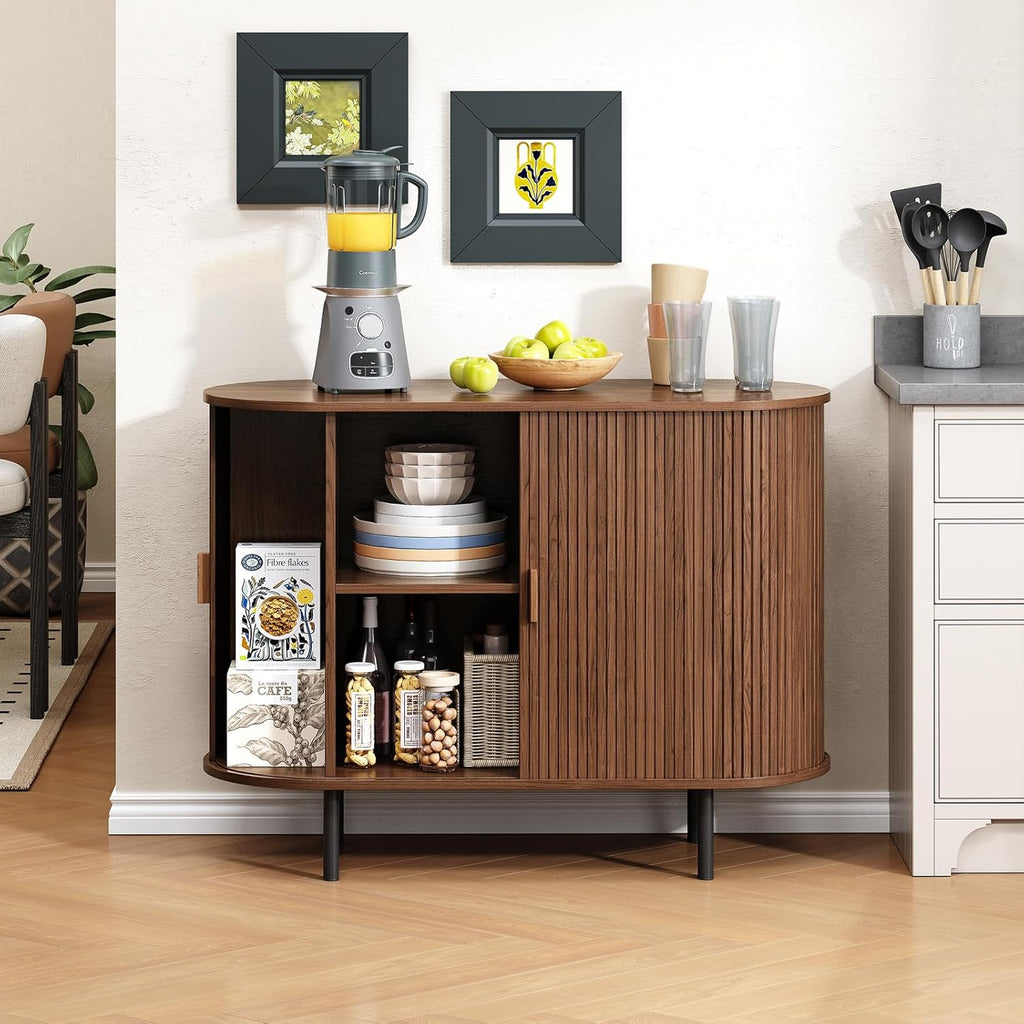 Buffet Cabinet with Storage, Fluted Sideboard Buffet with Sliding Door, Coffee Bar Cabinet with Adjustable Shelf, Console Table, Accent Table for Entryway, Kitchen (Walnut, 40 Inch)