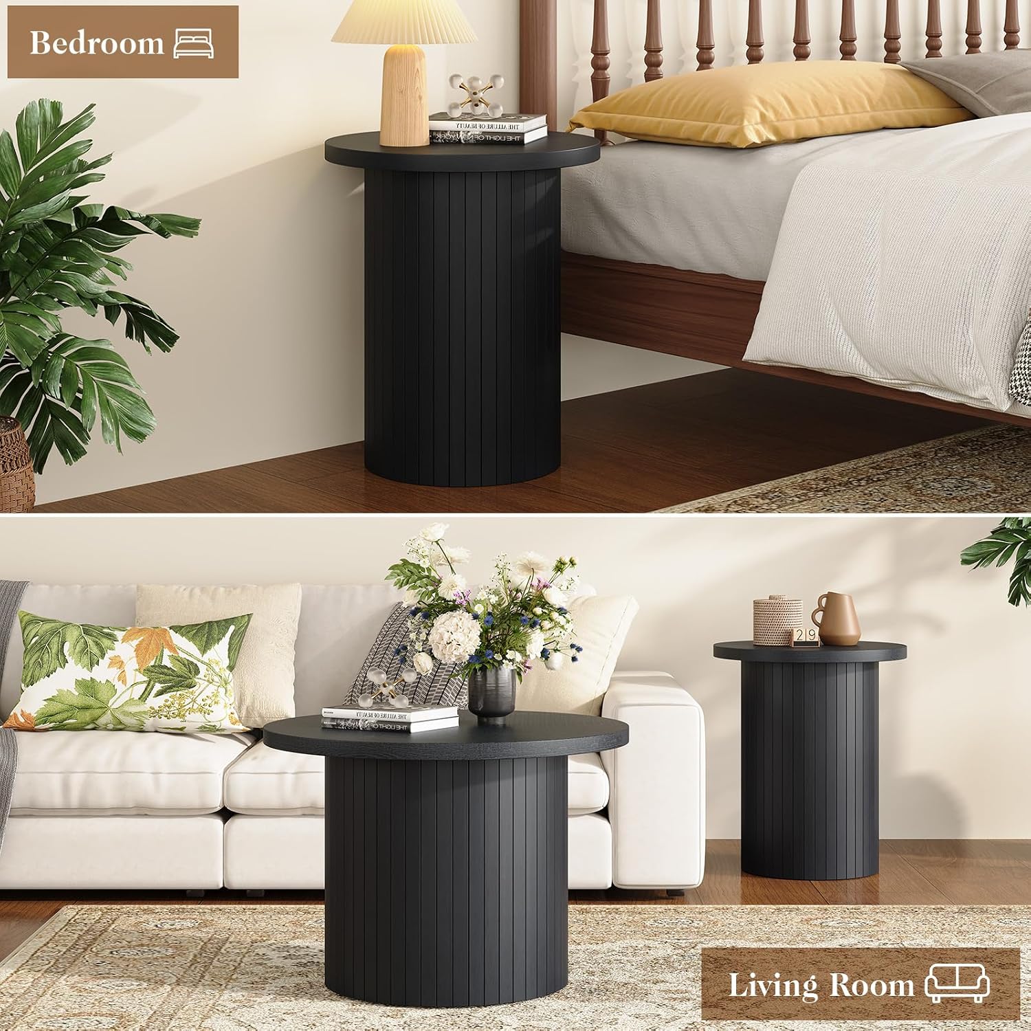 LUXOAK Nesting Coffee Table Set of 2, Mid Century Modern Round Coffee Tables, Wood Slat Side Table Set for Living Room, Office, Balcony, Textured Black