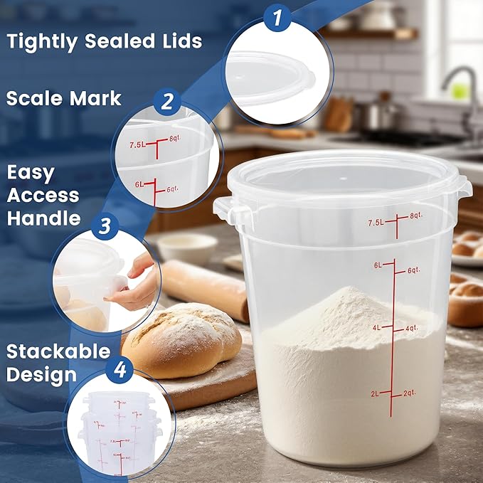 4 Pack 8QT Round Food Storage Containers with Lids, BPA-Free Polypropylene NSF Commercial Food Container, with Labels & Measuring Cup