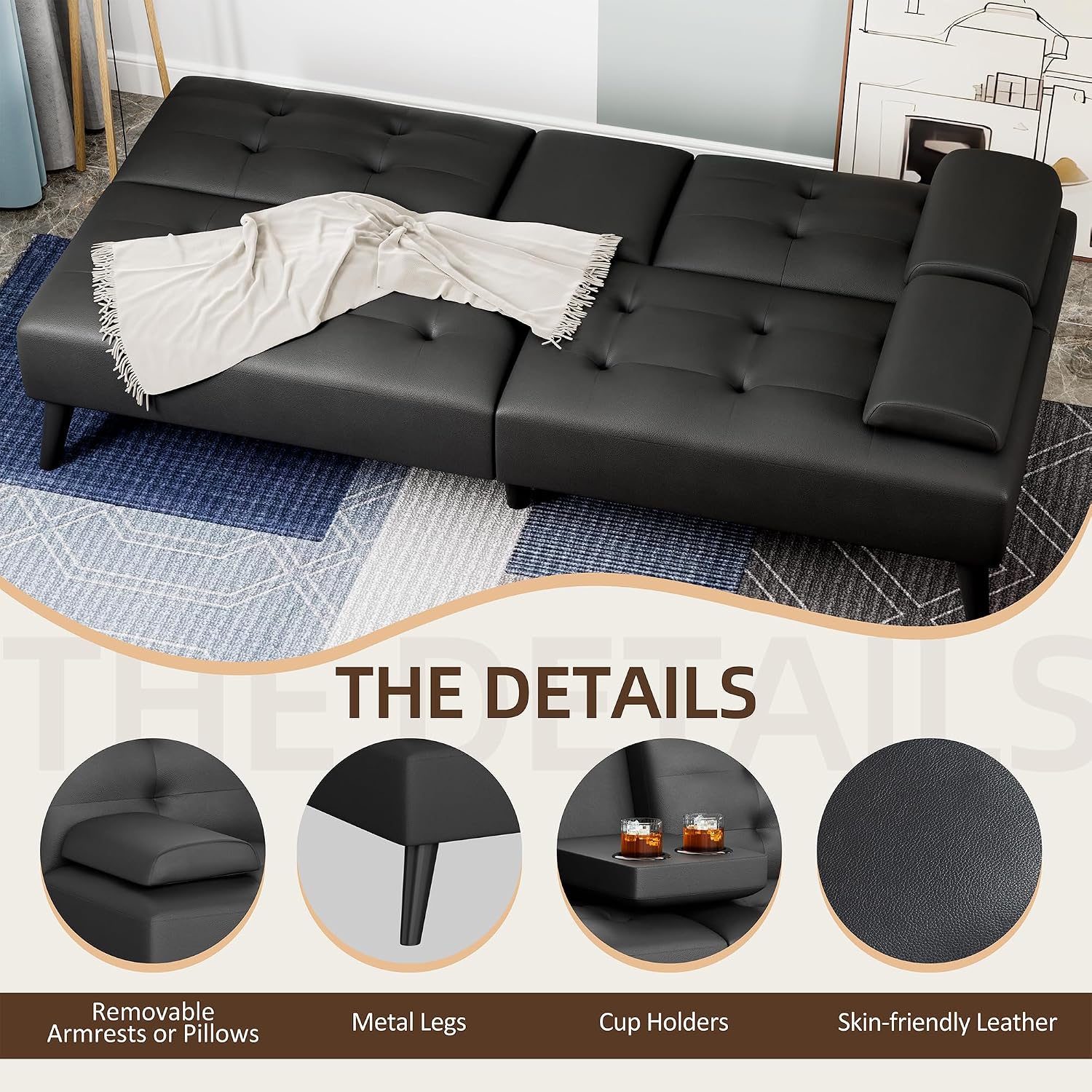 Shintenchi 64" Futon Sofa Bed, Leather Foldable Couch, Upholstered Loveseat Sofa Couch with Folding Cup Holders, Reclining Sleeper with Removable Armrests for Home, Office, Black