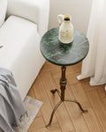 Adjustable Height Round Pedestal Table - 22-30 Inch, Modern Martini Cocktail End Table with Natural Travertine Top & Antique Brass Base for Small Spaces Living Room, Bedroom (Green Marble)