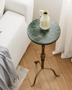 Adjustable Height Round Pedestal Table - 22-30 Inch, Modern Martini Cocktail End Table with Natural Travertine Top & Antique Brass Base for Small Spaces Living Room, Bedroom (Green Marble)