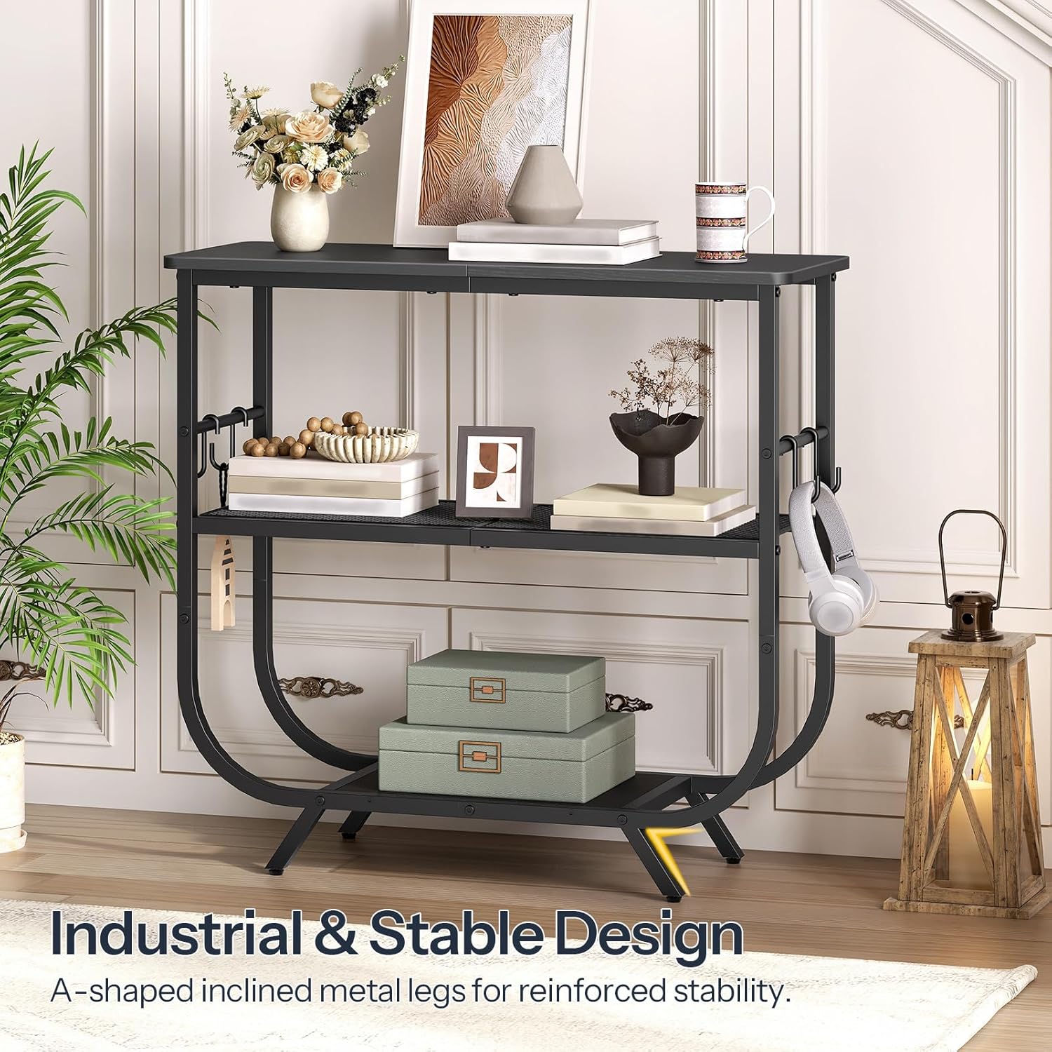HOOBRO 3 Tier Small Console Table, 31.5" Entryway Table with Storage Shelf, Narrow Sofa Table, Behind Couch Table, Hallway Table with S-Hooks, for Living Room, Black BB63XG01