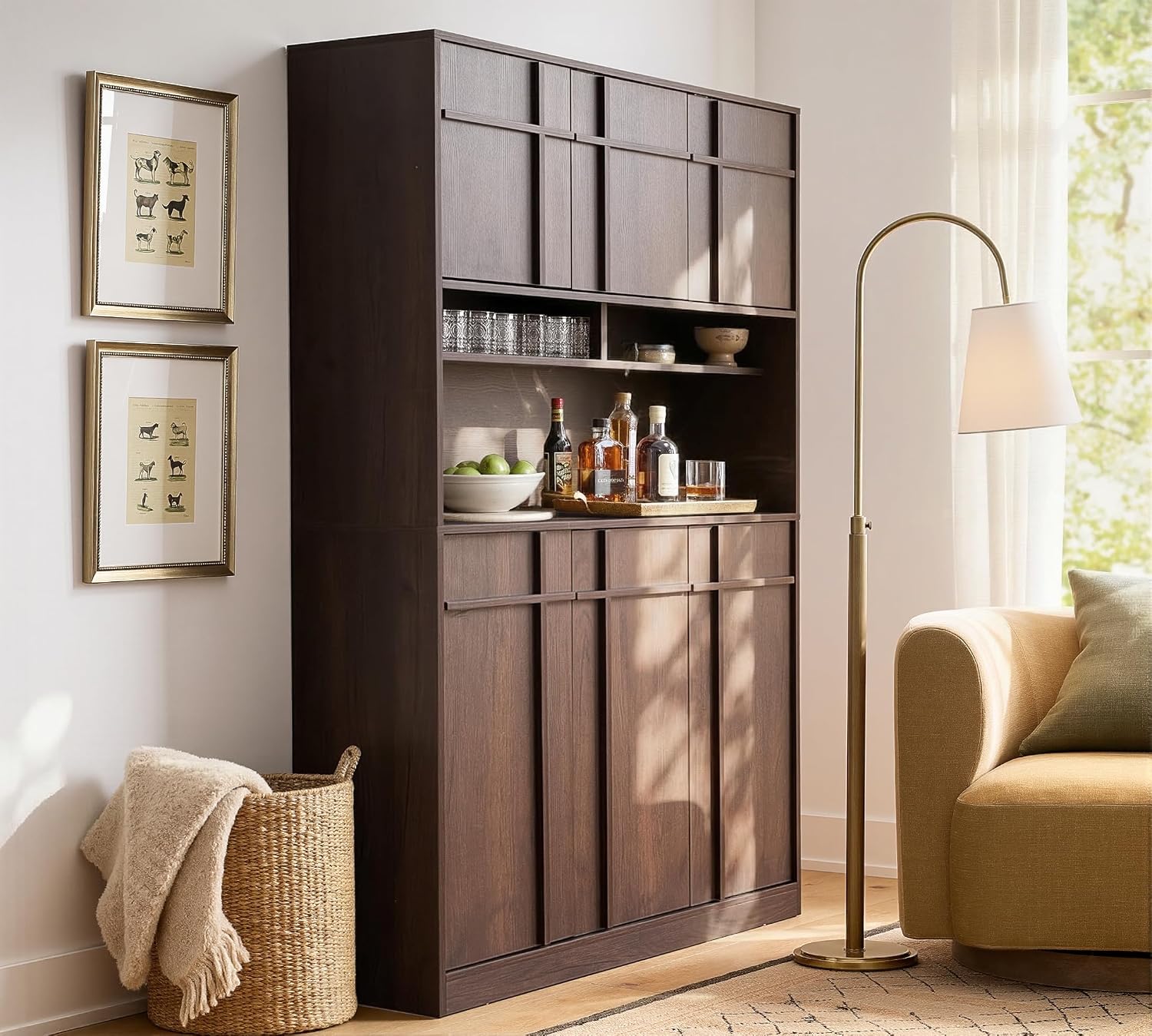 72" Pantry Cabinet, Tall Kitchen Pantry Storage Cabinet with Countertop, Adjustable Shelves, Mid Century Modern Wooden Kitchen Hutch with Skeleton Lines for Living Room, Dining Room, Walnut