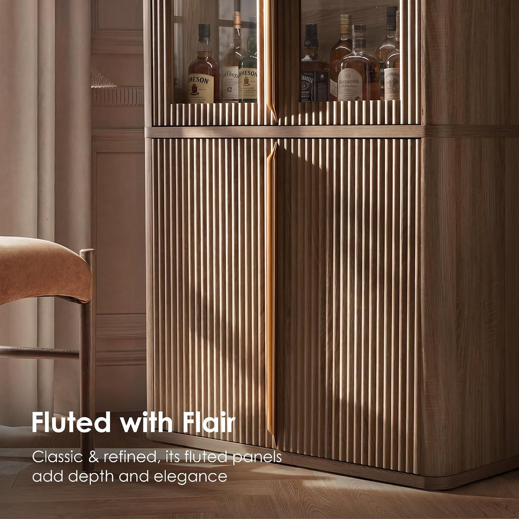 77" Tall Pantry Cabinets with Glass Doors, Fluted Storage Cabinet, Oak 1pc | Wooden Kitchen Food Cupboard, Adjustable Shelves, Modern Display Storage Closet for Living Room, Dining Room, Office